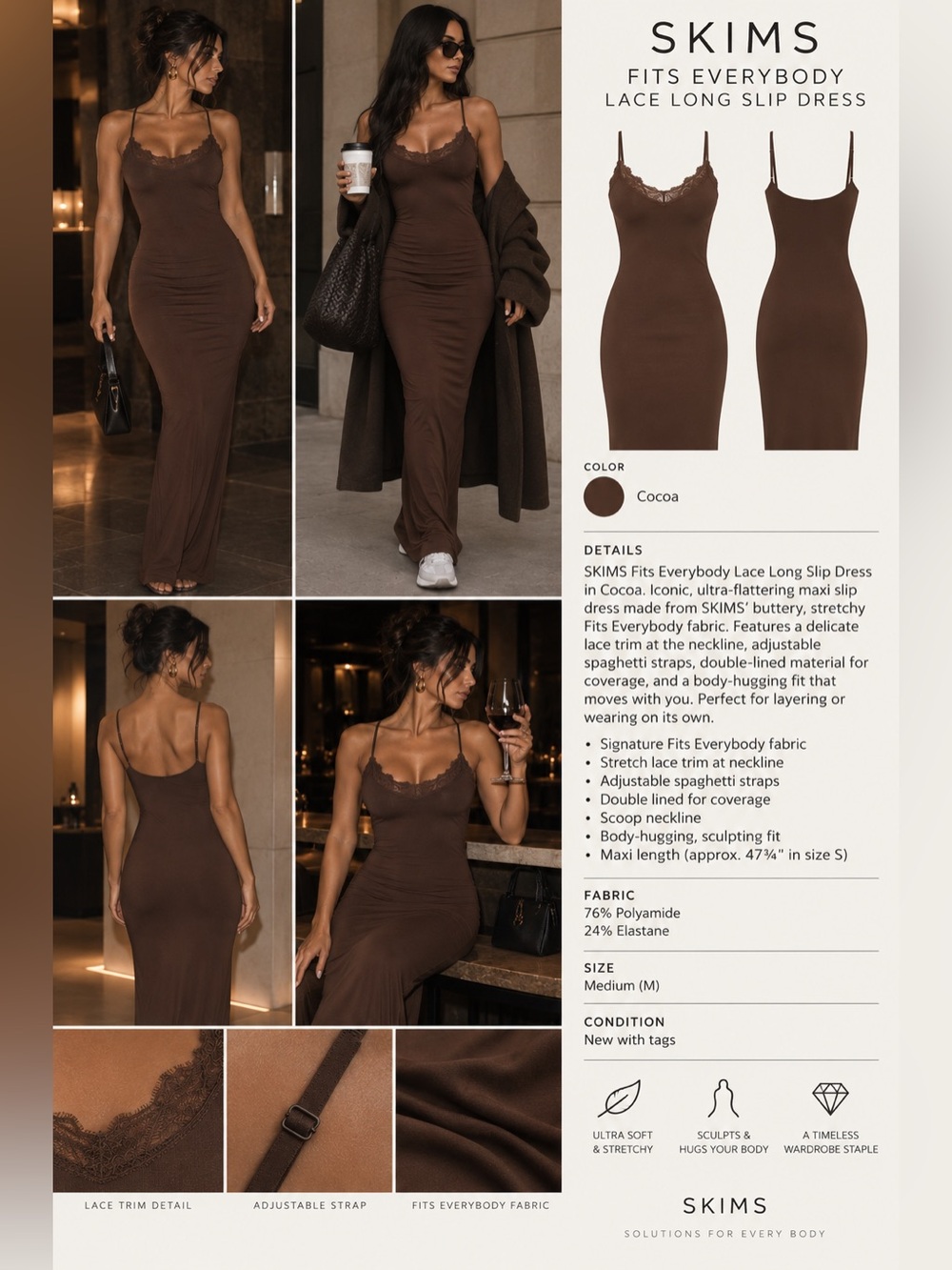 SKIMS Fits Everybody Lace Long Slip Dress — Cocoa